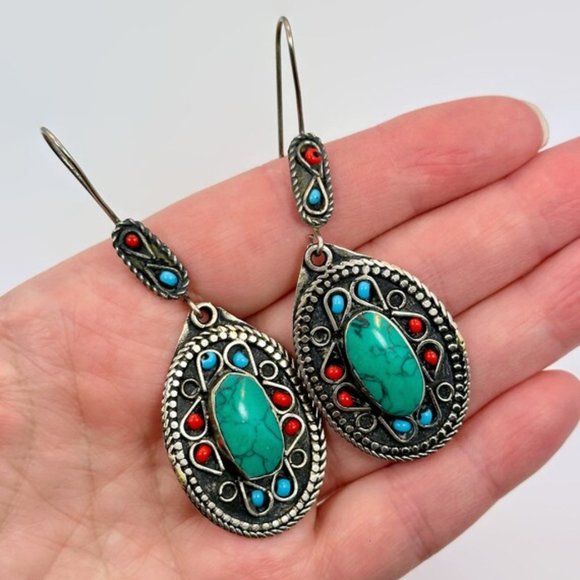 Green Earrings, Afghan, Middle Eastern, Boho, Jasper, Gypsy, Vintage, Pierced - Picture 1 of 3